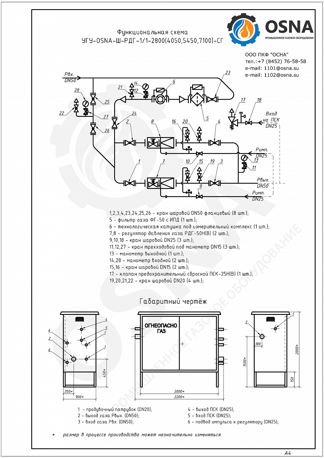 УГУ-OSNA-Ш-РДГ-1/1-2800(4050, 5450, 7100)-СГ (ГРПШ-13-2НУ1-СГ) - Функциональные схемы и чертежи