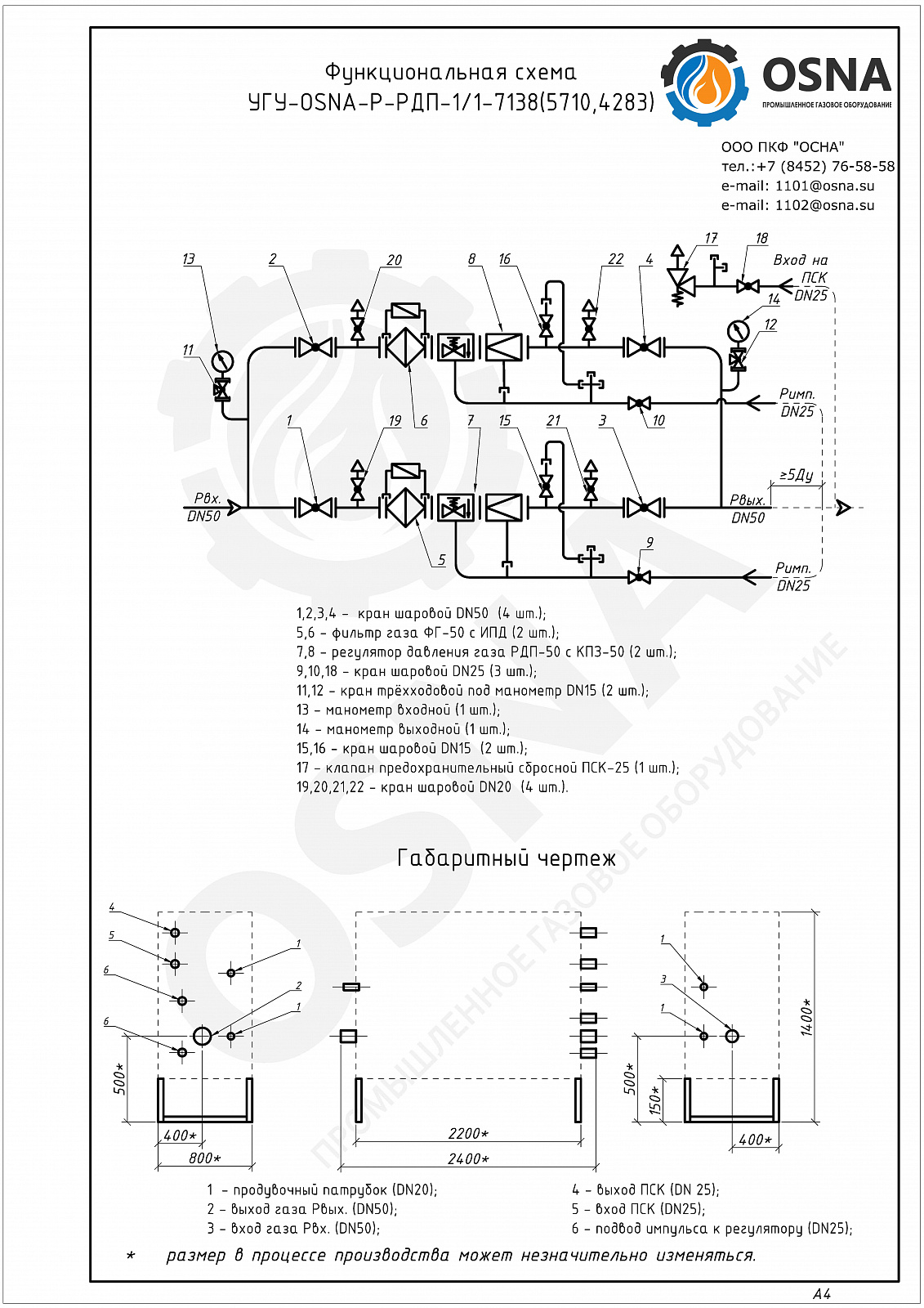 УГУ-OSNA-Р-РДП-1/1-7138(5710,4283) (ГРУ-50-2У1) - Функциональные схемы и чертежи