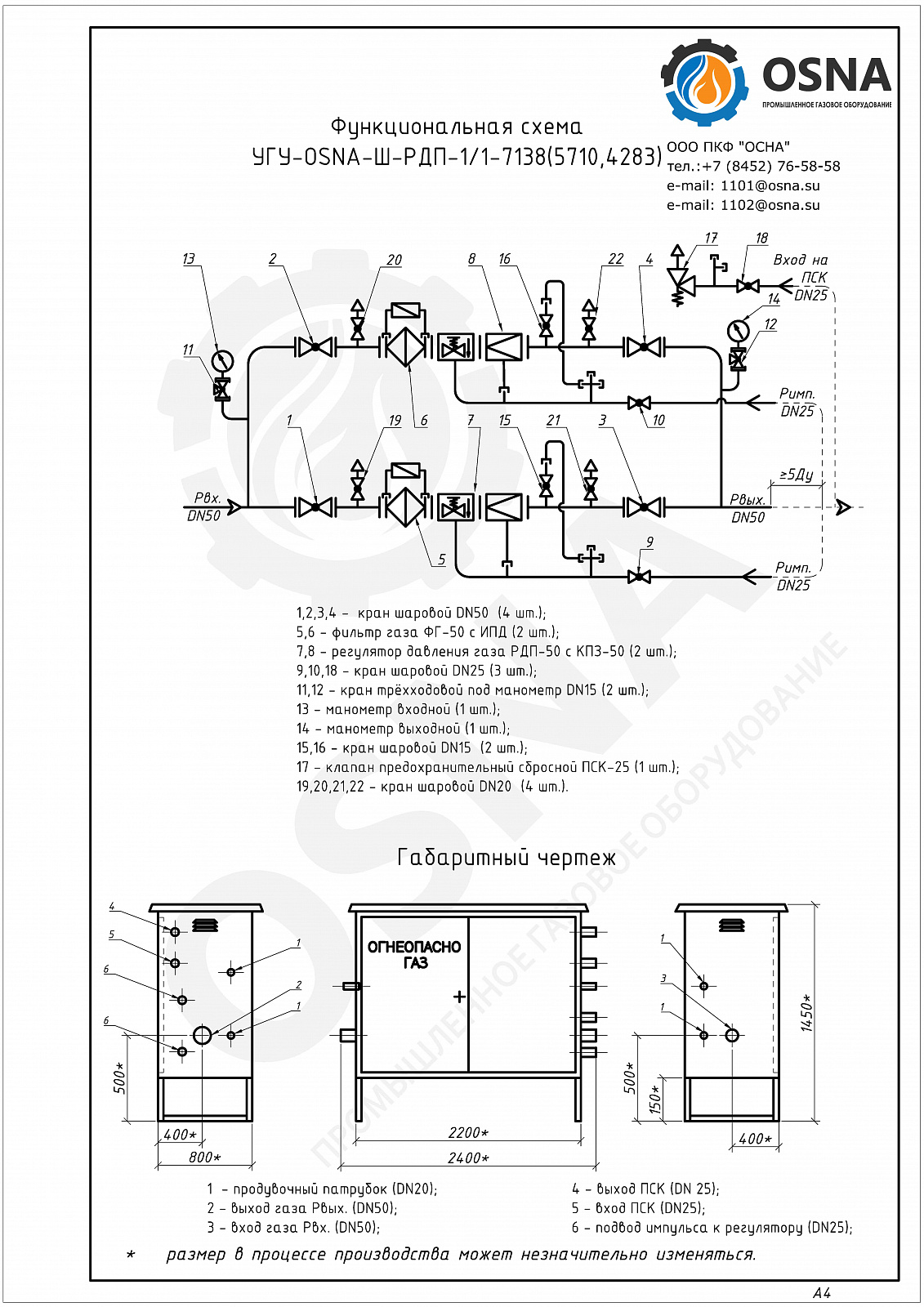 УГУ-OSNA-Ш-РДП-1/1-7138(5710,4283) (ГРПШ-50-2У1) - Функциональные схемы и чертежи