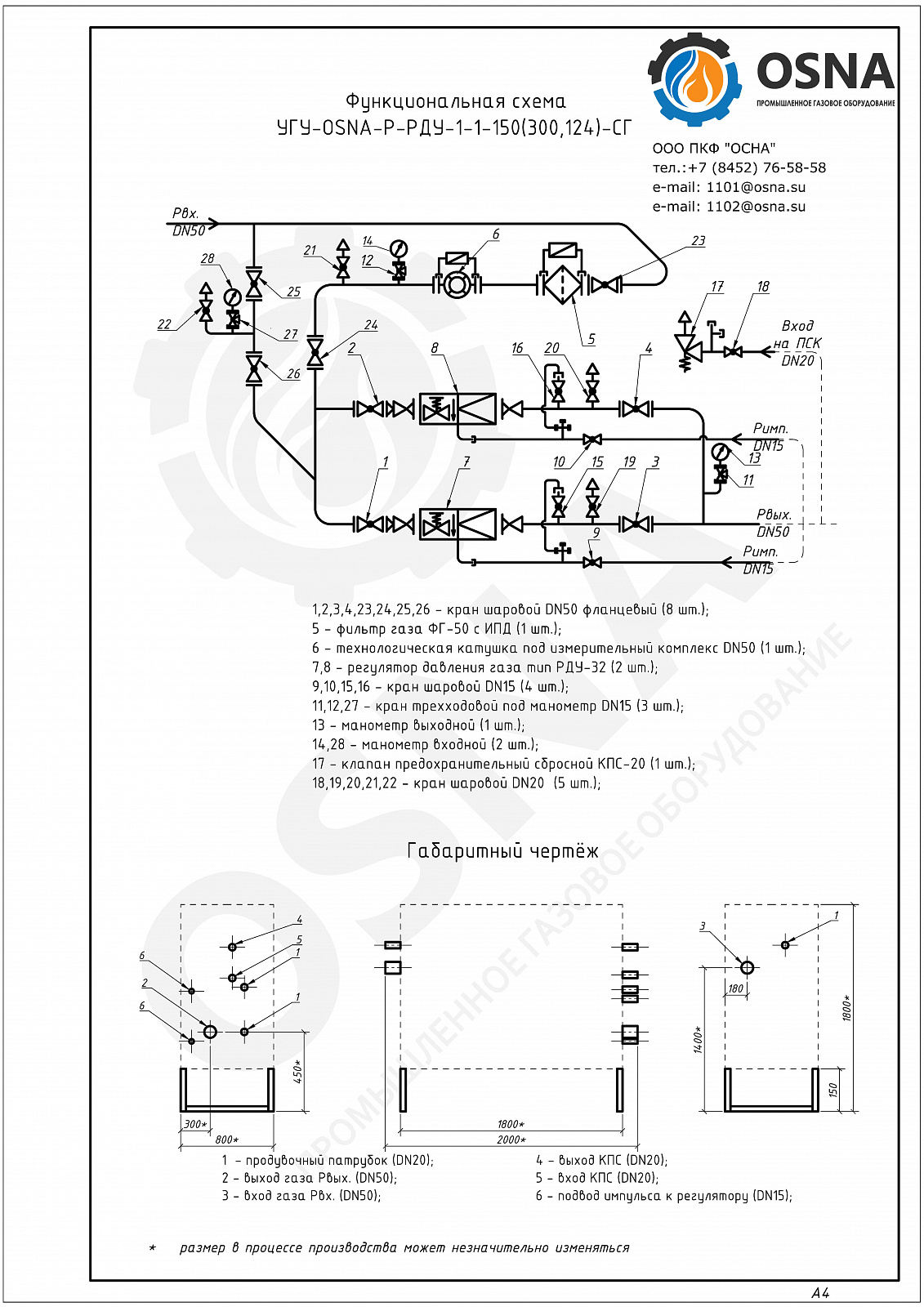 УГУ-OSNA-Р-РДУ-1/1-150(300,124)-СГ (ГРУ-300-01-СГ) - Функциональные схемы и чертежи