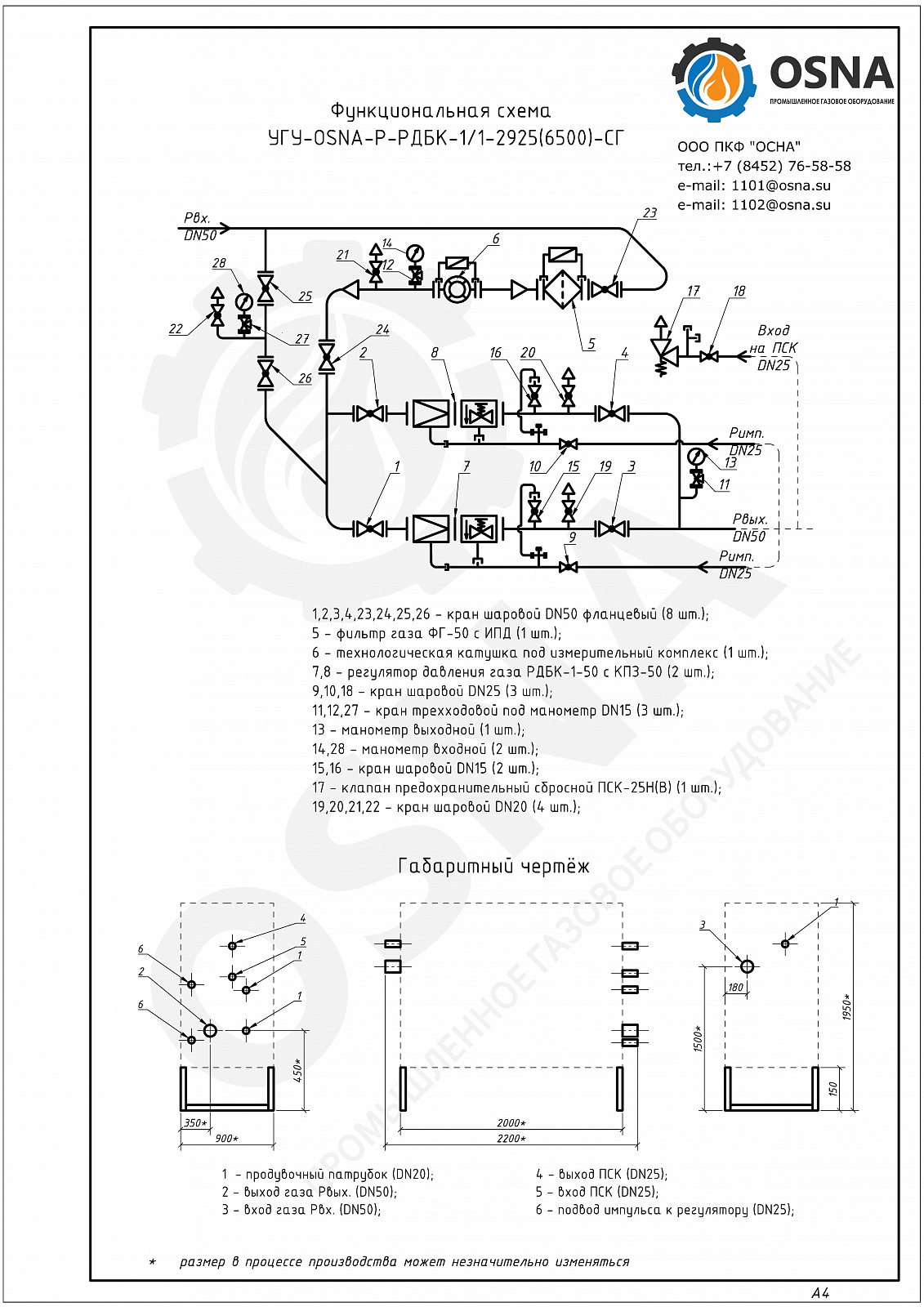 УГУ-OSNA-Р-РДБК-1/1-2925(6500)-СГ (ГРУ-50-СГ) - Функциональные схемы и чертежи
